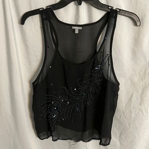 Black Sheer Feather Beaded Tank Top
